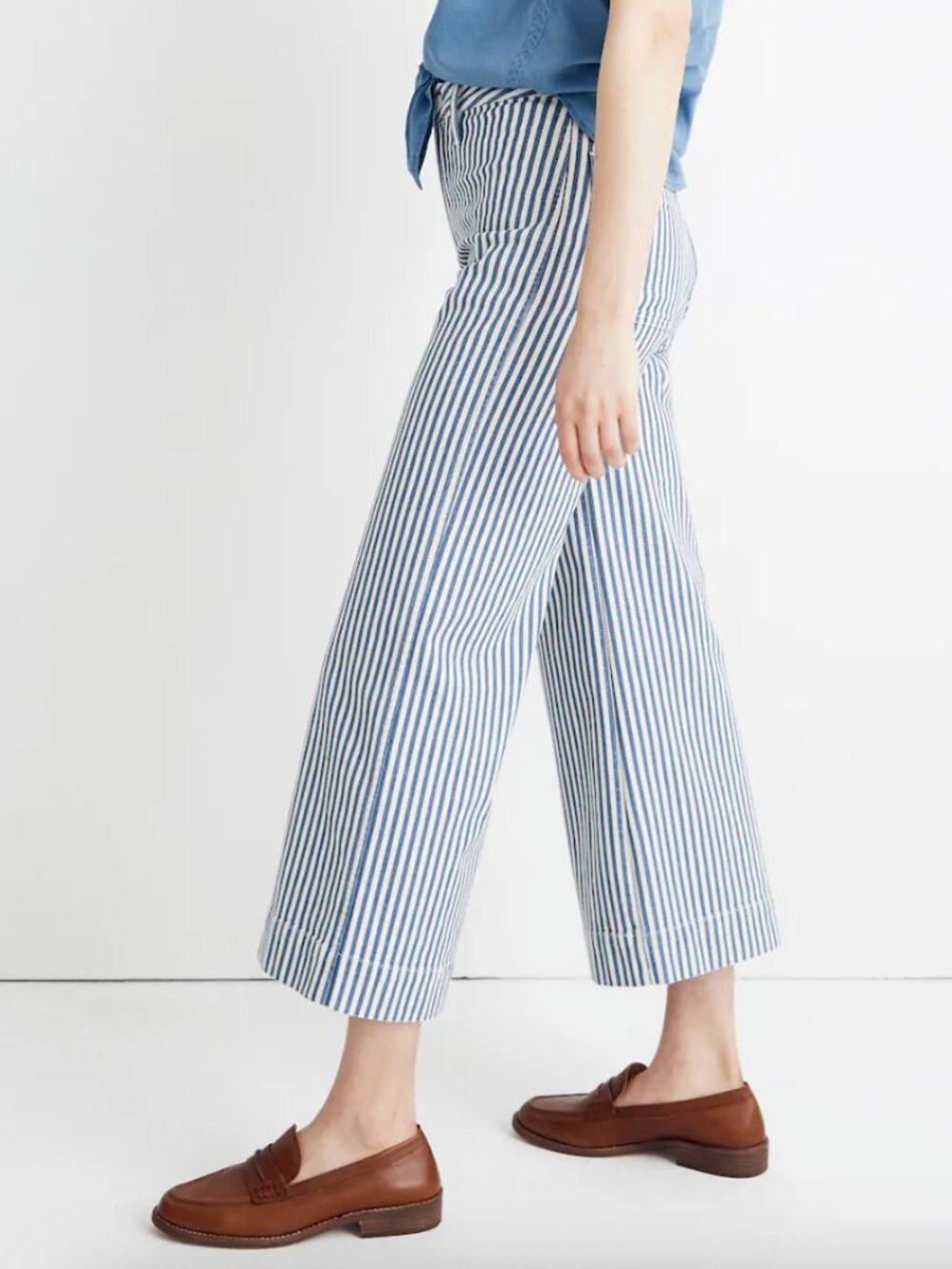 MADEWELL Blue and White Herringbone Railroad Stripe Wide-Leg Crop Pants Size 30